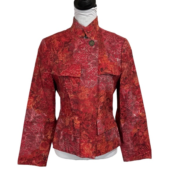 Emil Rutenberg Jackets & Blazers - Vintage Emil Rutenberg Red Floral Jacquard Jacket Size S Kimono Asymmetric‎ USA